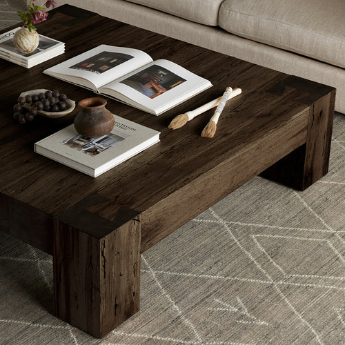 Four Hands Abaso Coffee Table Ebony Rustic Wormwood Oak Staged View