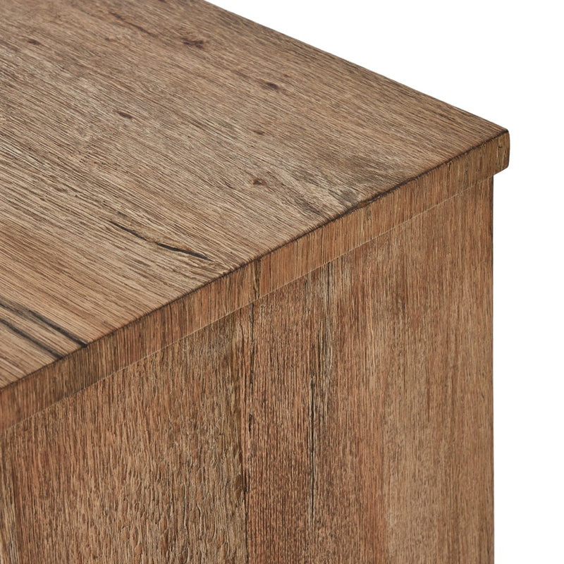 Brinton Media Console Rustic Oak Veneer Top Corner Detail Four Hands