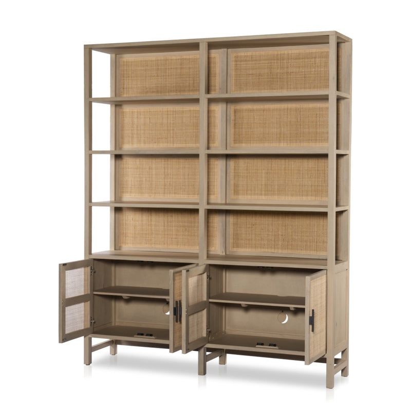 Caprice Wide Bookshelf Natural Mango Angled View Open Cabinets Four Hands