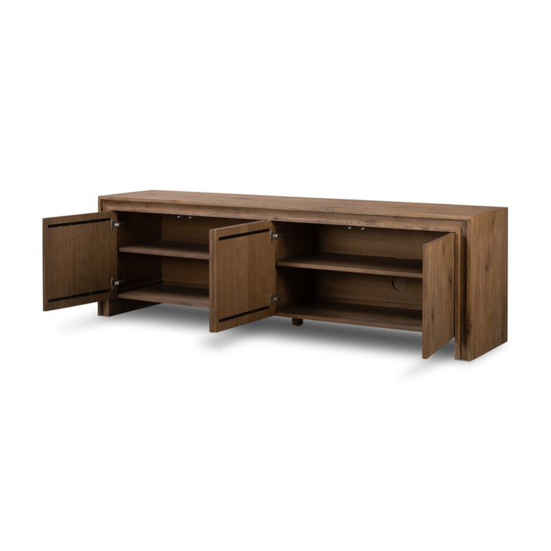 Chalmers Media Console Weathered Oak Veneer Angled View Open Drawers 241031-001