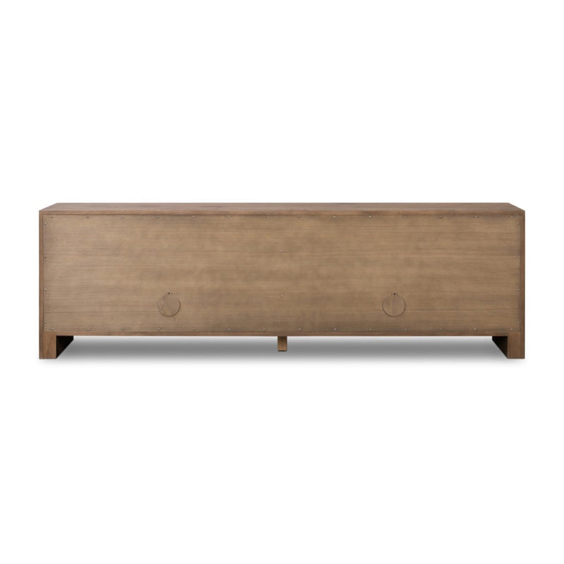 Chalmers Media Console Weathered Oak Veneer Back View Four Hands
