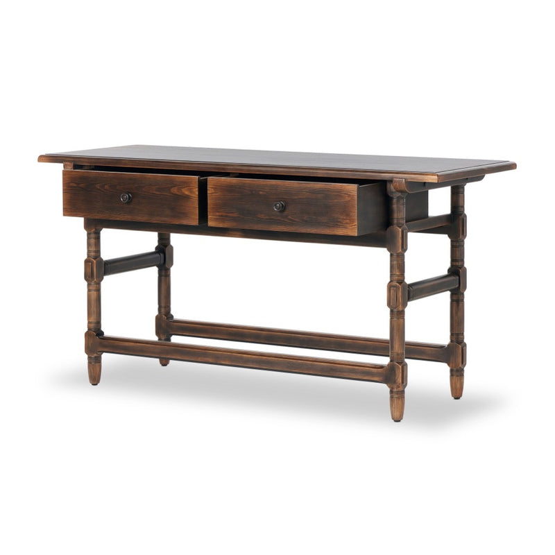Colonial Table by Van Thiel Aged Brown Angled View Open Drawers Four Hands