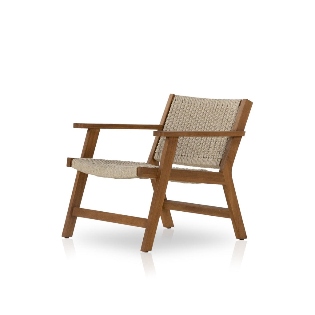Delano Outdoor Chair Natural Teak Ivory Rope Angled View 106965-006