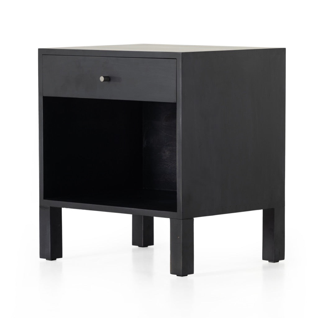 Isador Nightstand Black Wash Poplar Angled View Four Hands