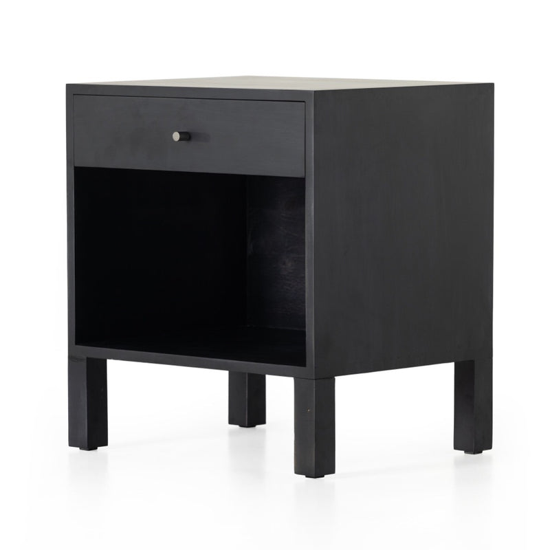 Isador Nightstand Black Wash Poplar Angled View Four Hands