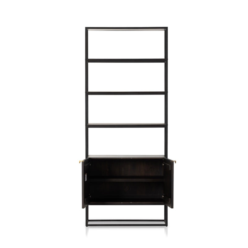 Kelby Bookcase Gunmetal Front View Cabinet Open Four Hands