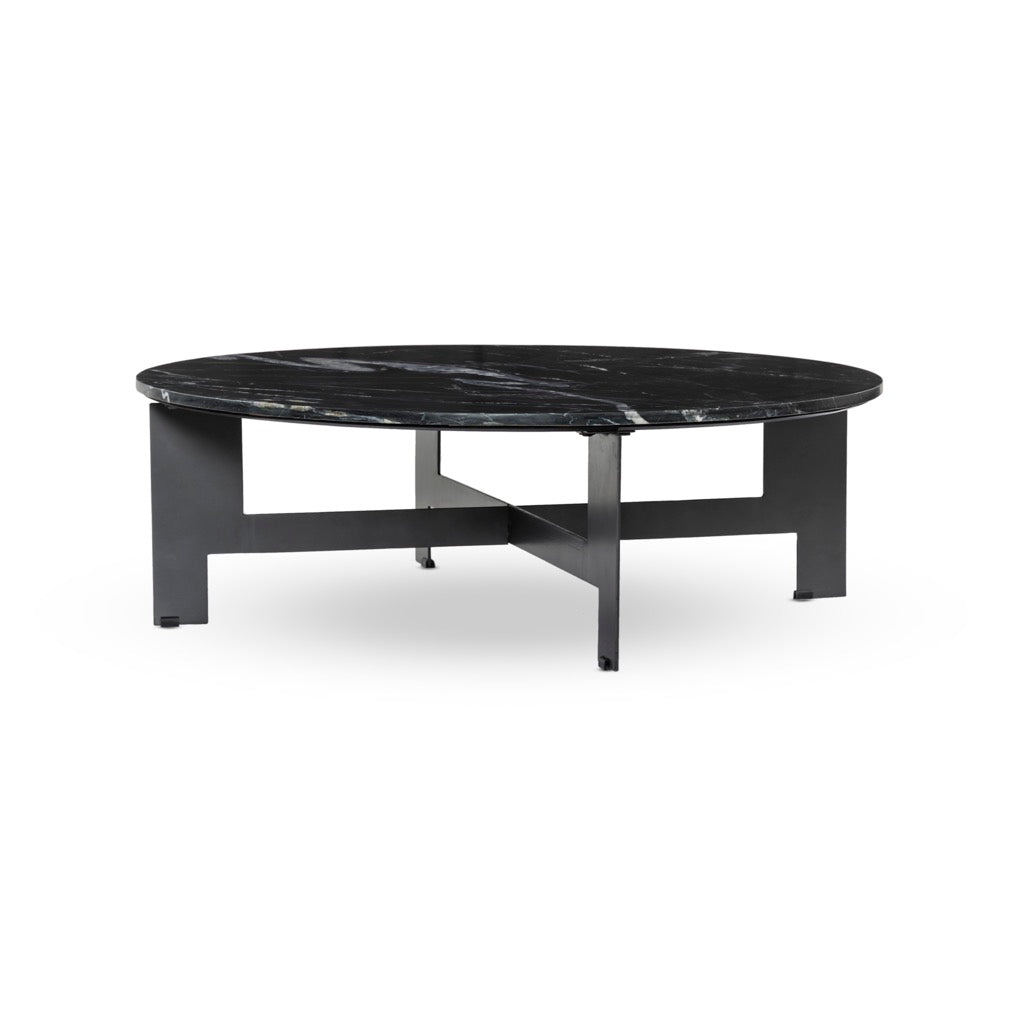 Marble Round Coffee Table with Iron Black Marble Angled View 242763-002
