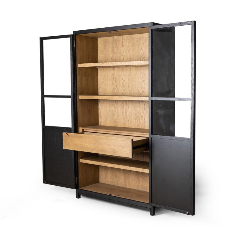 Millie Panel and Glass Door Cabinet Drifted Matte Black Angled View Cabinets Open 235949-001