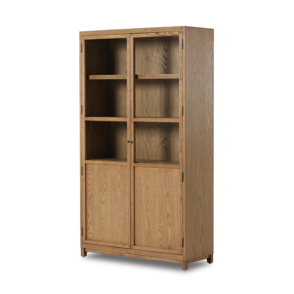 Millie Panel and Glass Door Cabinet Drifted Oak Solid Angled View 235949-002