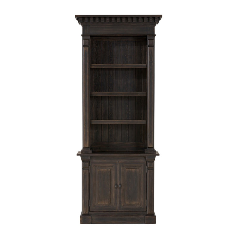 Mr. Percy Found The Top Bookcase Aged Brown Veneer Front Facing View Four Hands