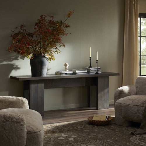 Yarra Console Table Grey Oak Veneer Staged View in Living Room 240090-001