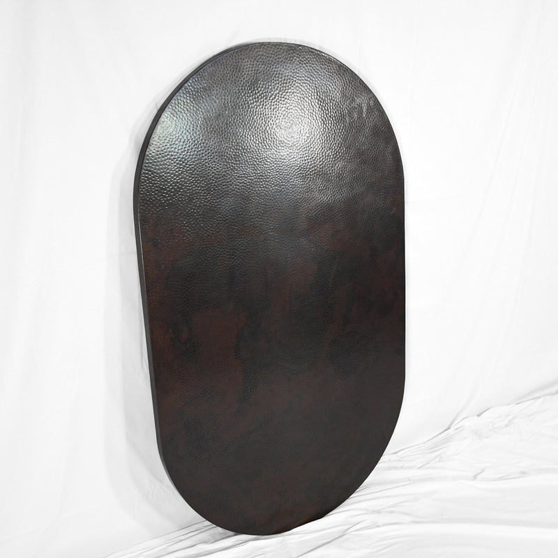 Alternative Profile View of Hammered Copper Tabletop - Capsule Shape - Dark Brown Patina - Artesanos