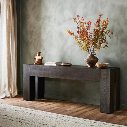 Abaso Console Table Ebony Rustic Wormwood Oak Staged View Four Hands