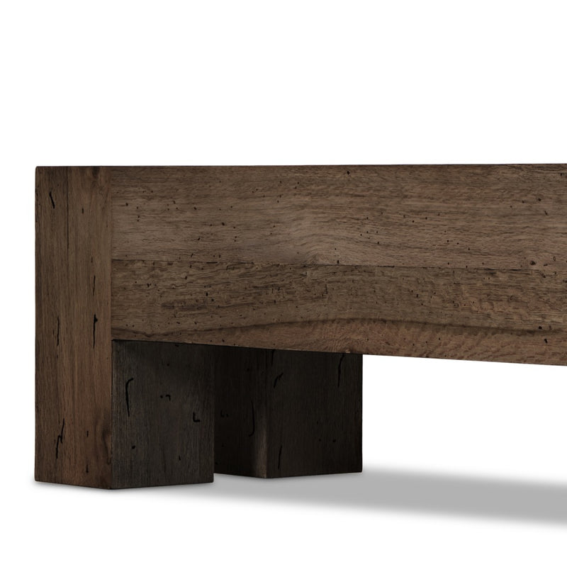 Abaso Large Accent Bench Ebony Rustic Wormwood Oak Angled View Four Hands
