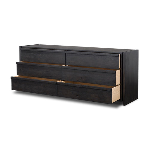 Alora Dresser Dark Espresso Reclaimed French Oak Angled View Open Drawers Four Hands