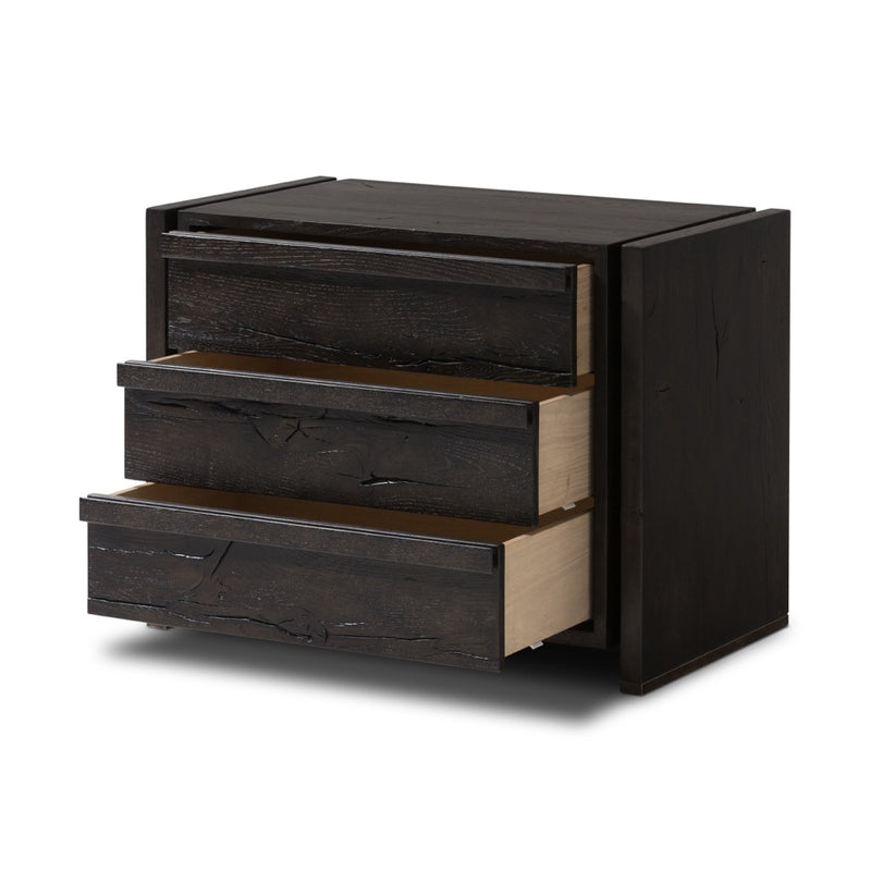 Four Hands Alora Nightstand Dark Espresso Reclaimed French Oak Angled View Open Drawers