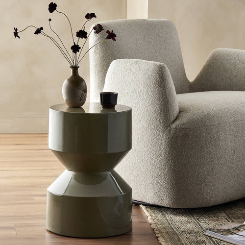 Ara End Table Moss Lacquered Concrete Staged View in Living Room 240051-002