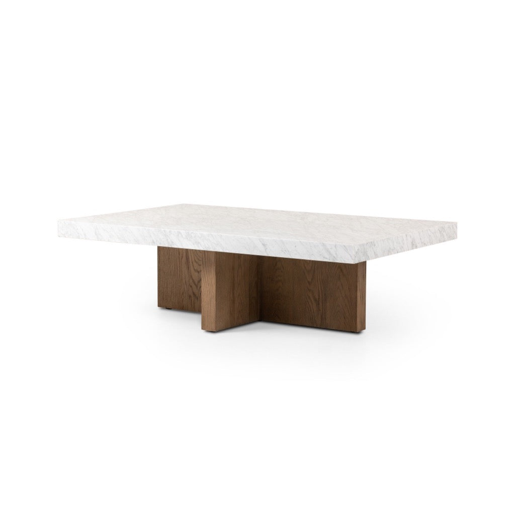 Bellamy Rectangular Coffee Table White Carrara Marble Angled View Four Hands