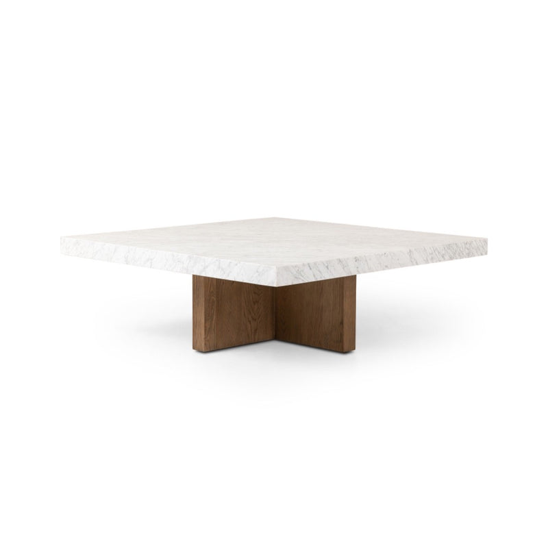 Bellamy Square Coffee Table White Carrara Marble Side Angled View Four Hands