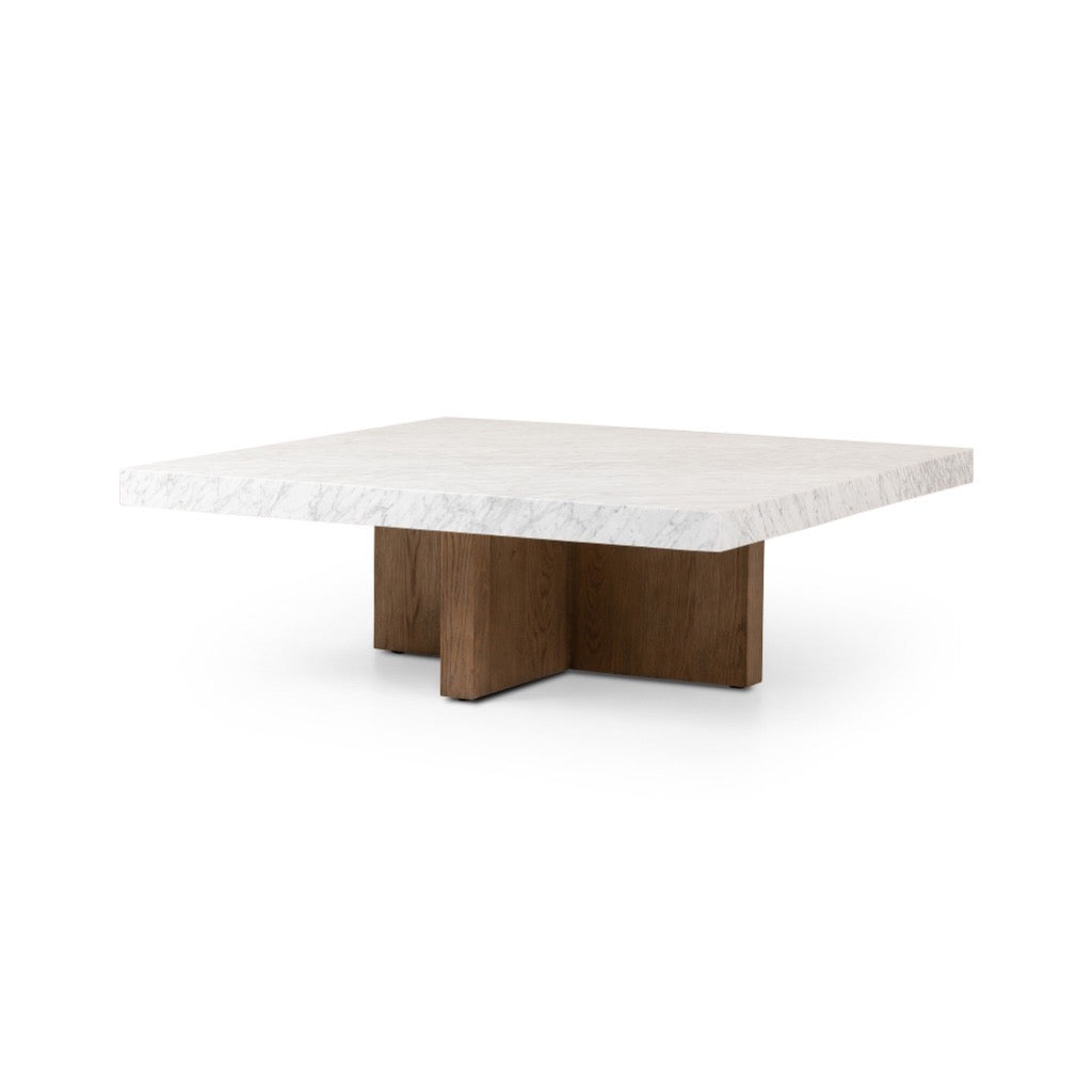 Bellamy Square Coffee Table White Carrara Marble Angled View Four Hands
