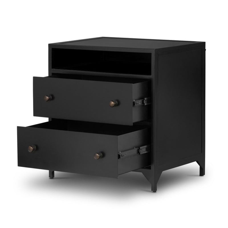Belmont 2 Drawer Nightstand Black Angled View Open Drawers Four Hands