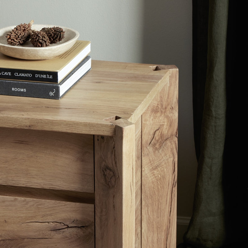 Four Hands Cassio Nightstand Natural Reclaimed French Oak Staged View