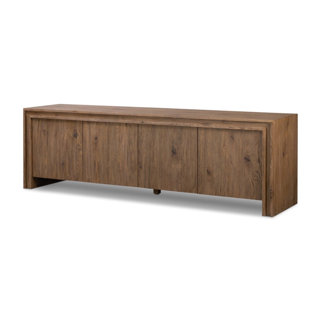 Chalmers Media Console Weathered Oak Veneer Angled View 241031-001