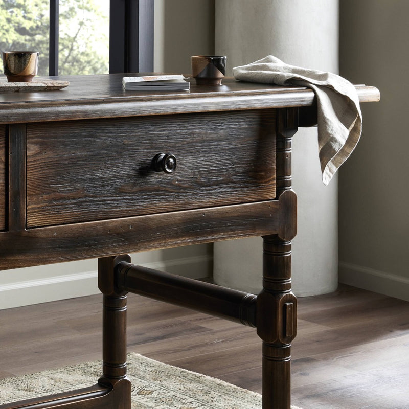 Four Hands Colonial Table by Van Thiel Aged Brown Drawer Staged View