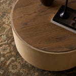 Crosby Round Coffee Table Natural Resawn Oak Staged View Four Hands