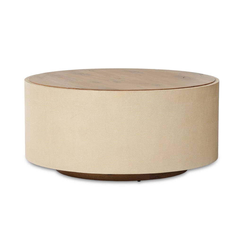 Four Hands Crosby Round Coffee Table Natural Resawn Oak Angled View