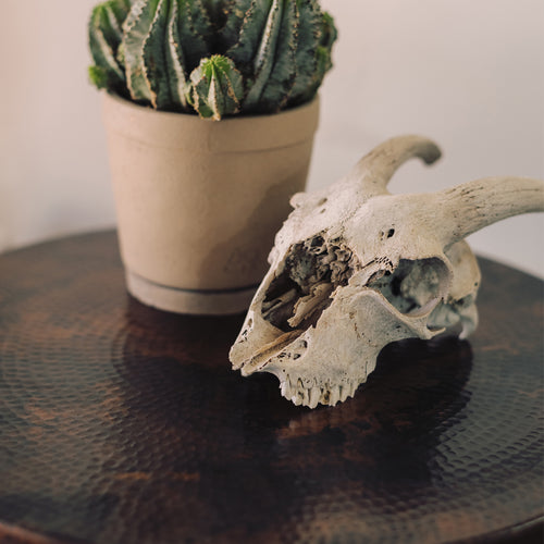 Dark Natural Copper Patina - Staged Detail View on Round Copper Tabletop