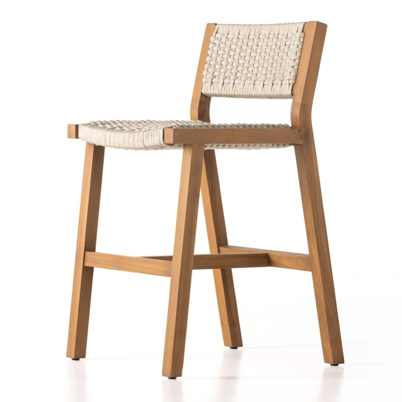 Delano Outdoor Stool Natural Teak Ivory Rope Side Angled View Four Hands