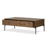 Four Hands Eaton Coffee Table Amber Oak Resin Open Drawers
