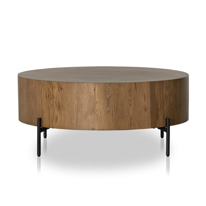 Four Hands Eaton Drum Coffee Table Amber Oak Resin Rounded Edge