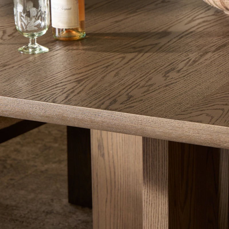 Four Hands Ernest Square Dining Table staged tabletop edge 