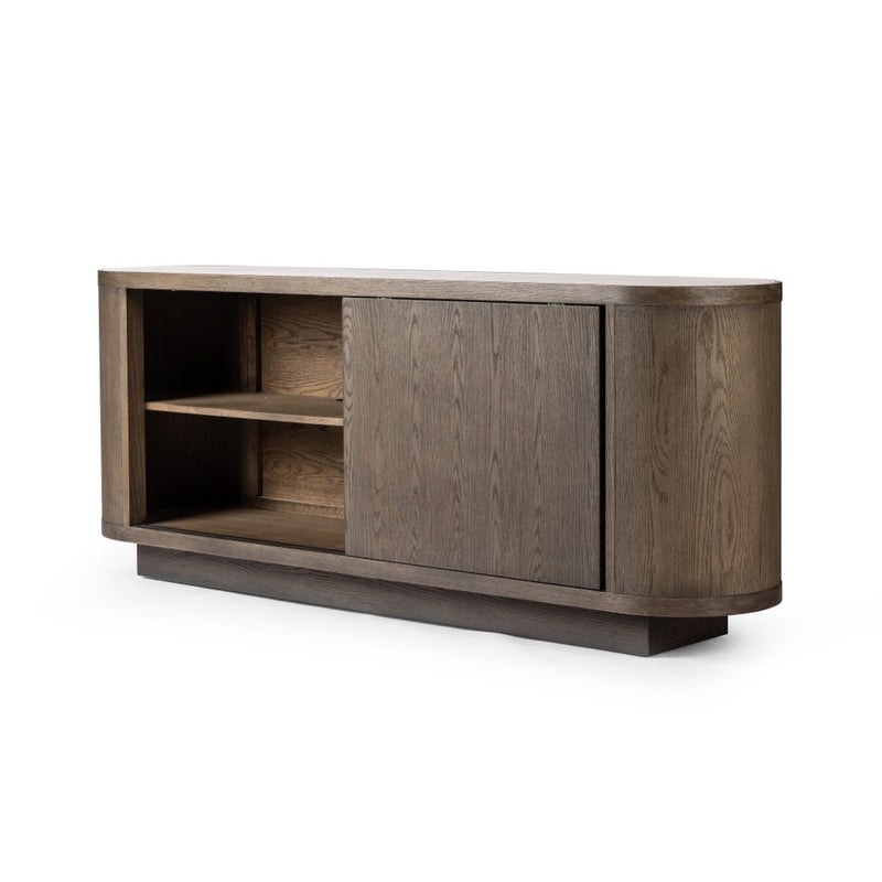 Galini Sideboard Weathered Dark Oak Sliding Front Doors Angled View Four Hands