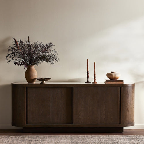 Galini Sideboard Weathered Dark Oak Staged View in Living Room Four Hands