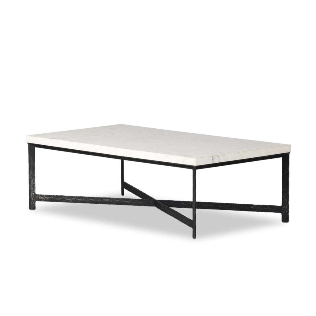 Hammered Iron Coffee Table White Marble Angled View 236010-002