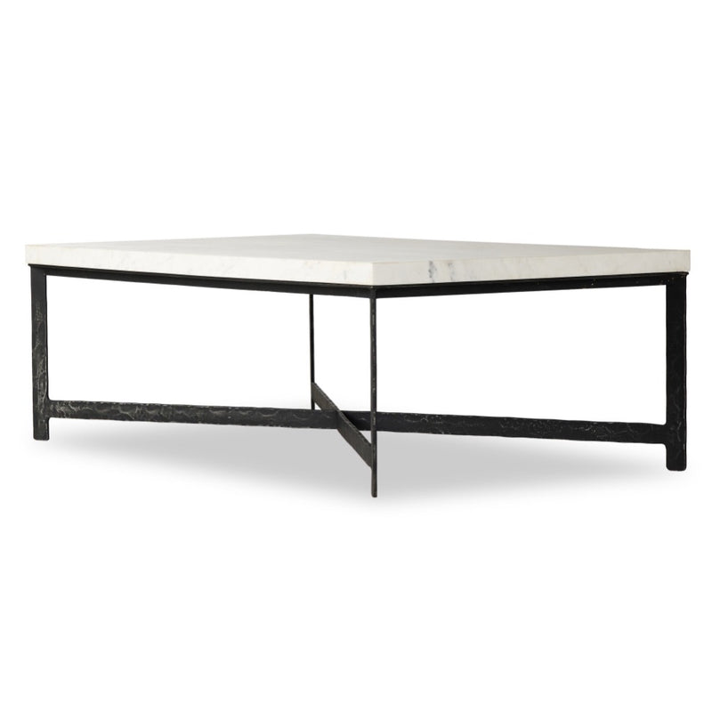 Hammered Iron Coffee Table White Marble Angled Side View 236010-002