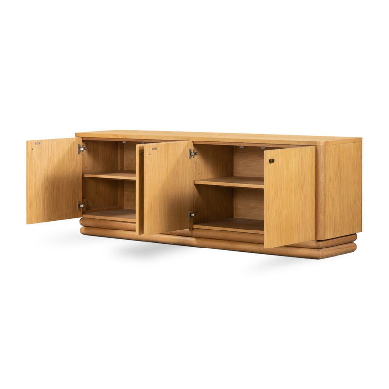 Four Hands Harding Media Console Light Oak Angled View with Open Cabinets