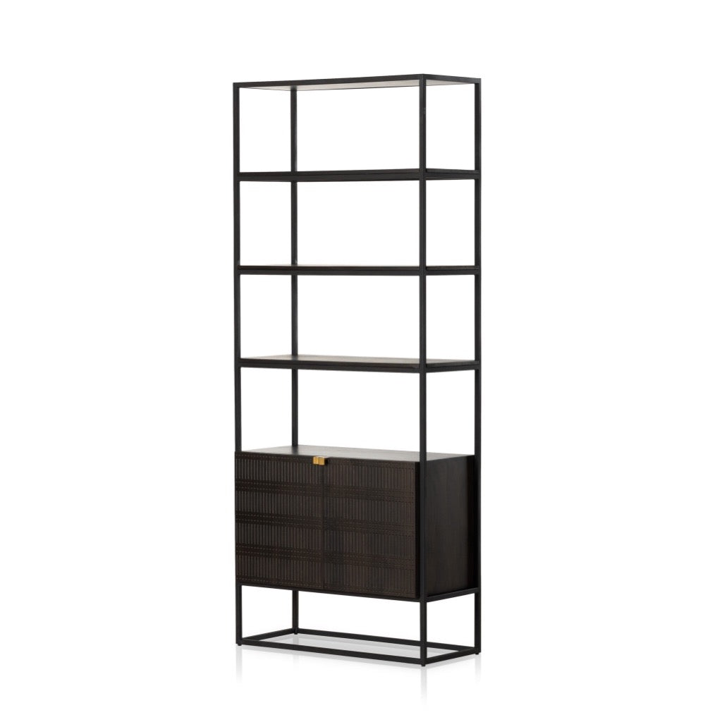 Kelby Bookcase Gunmetal Angled View Four Hands