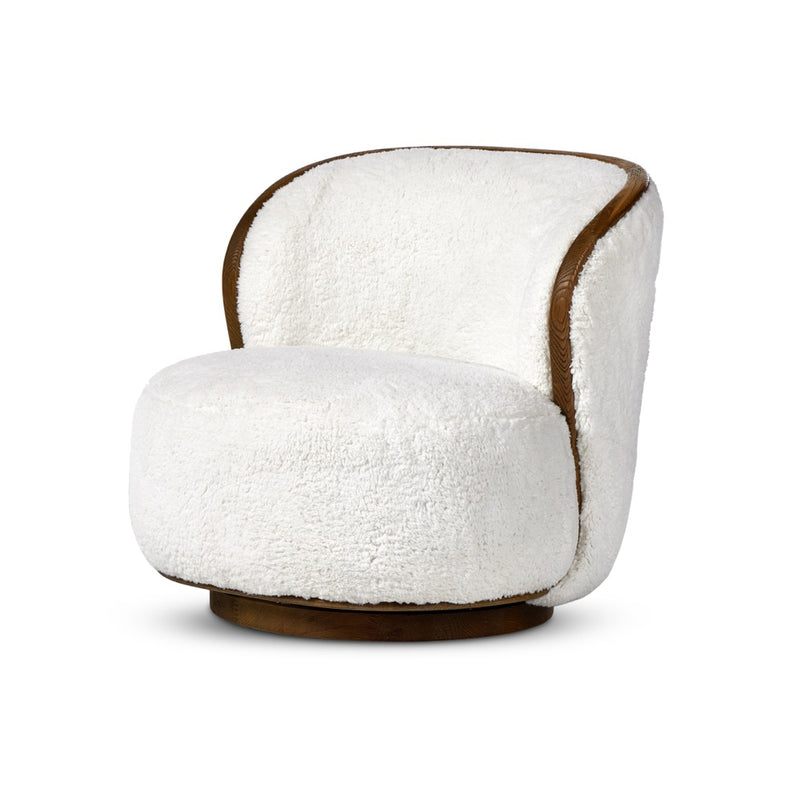 Kittridge Swivel Chair Ivory Angora Angled View Four Hands