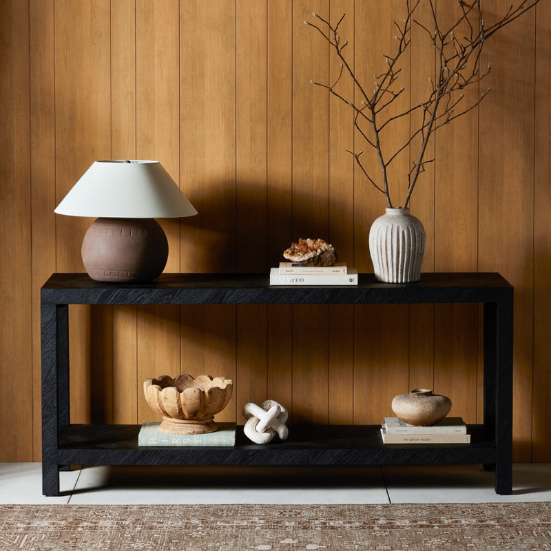 Four Hands Lamar Console Table Drifted Matte Black Staged View 
