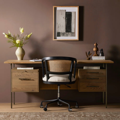 Lauren Desk Natural Solid Oak Staged View with Office Chair 104607-002
