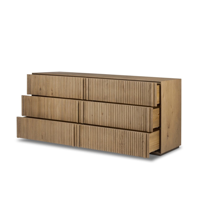 Four Hands Leo 6 Drawer Dresser angled open drawer view 