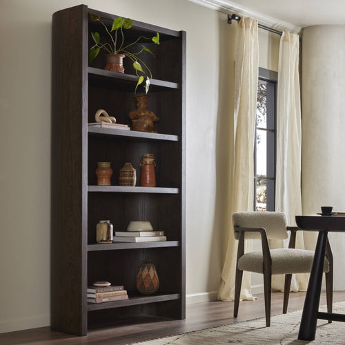 Lockhart Bookcase Rubbed Black Oak Solid Staged View Four Hands