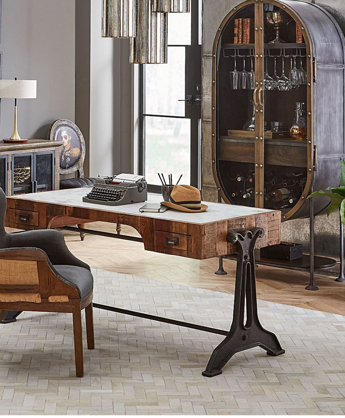 Home Trends & Design Bowery Office Desk and Bowery Bar cabinet in an eclectic office setting
