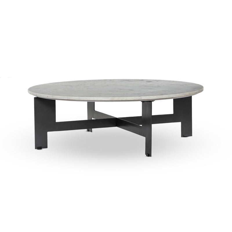 Marble Round Coffee Table with Iron Polished White Marble Angled View Four Hands