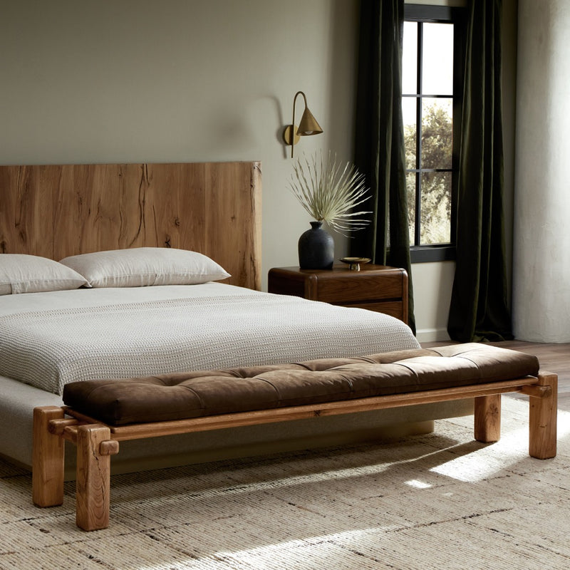 Marcia Accent Bench Nubuck Cigar Staged View in Bedroom Four Hands