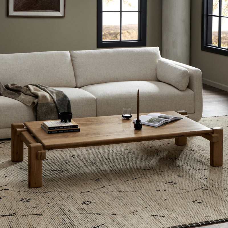 Marcia Large Coffee Table Natural Reclaimed French Oak Staged View in Living Room Four Hands